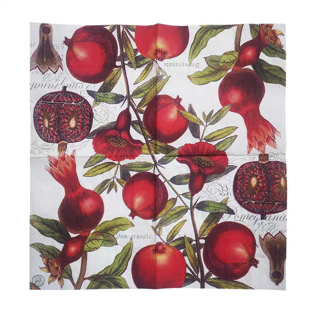 20 Count Vintage Pomegranate Printed Cocktail Paper Napkins, Table Decors for Afternoon Tea, Picnics & Christmas Parties, Crafts