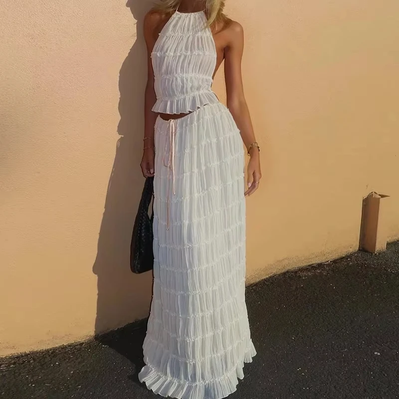 ผู้หญิง Boho เซ็กซี่ Backless การจับคู่ชุด 2 ชิ้น Beach Holiday ชุด Vintage Ruched Halter Cami Tops + Maxi กระโปรงยาว Party