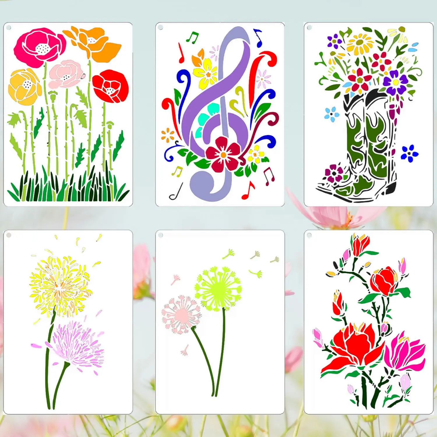 6 Reusable Spring Wall Stencils - Musical Note and Wildflower Stencils for Painting on Wood, Fabric, Furniture, and Multi-Faceted DIY Home Decor