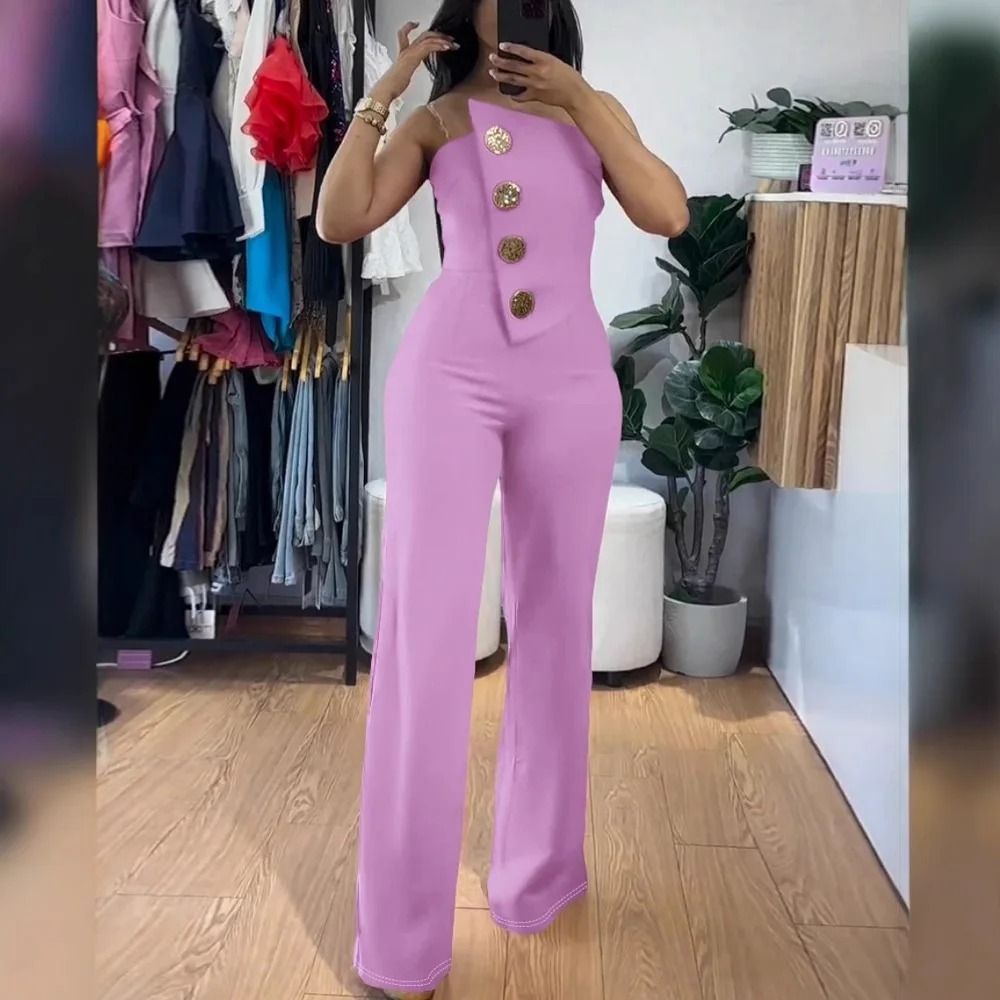 Jumpsuits Women One Piece Flare Pants Button Sexy Strapless Off Shoulder High Waist 2025 Summer Office Lady Boot Cut Trousers