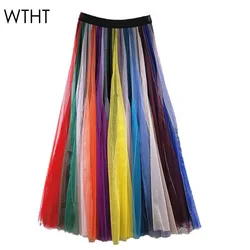 WTHT New Trendy Women's Patchwork Gradient Colorful Long Skirts 2024 Winter Elastic Waist Pleated A-line Skirt Female 1LS441