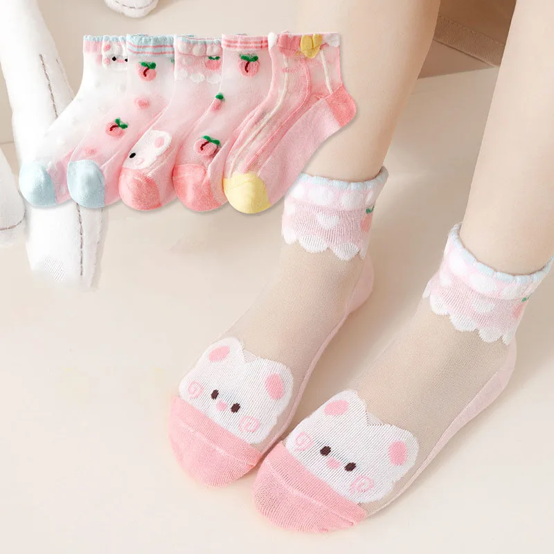 5Pairs/Lot Summer Soft Cotton Girl Socks Breathable Children Short Ankle Socks Kids Lace Princess Mesh Cartoon Socken