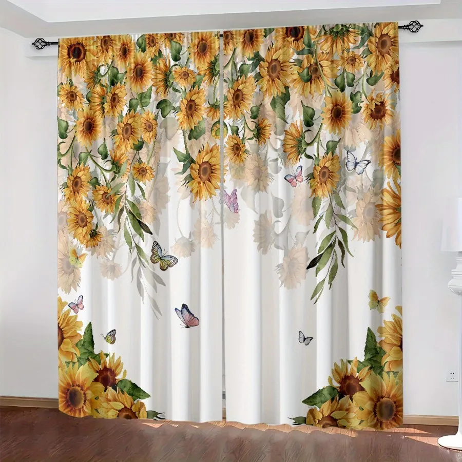 2PCS Digital Print Curtain, Pink Butterfly Sunflower Floral Summer, Pastoral Garden Bright for Living Room Bedroom Decor