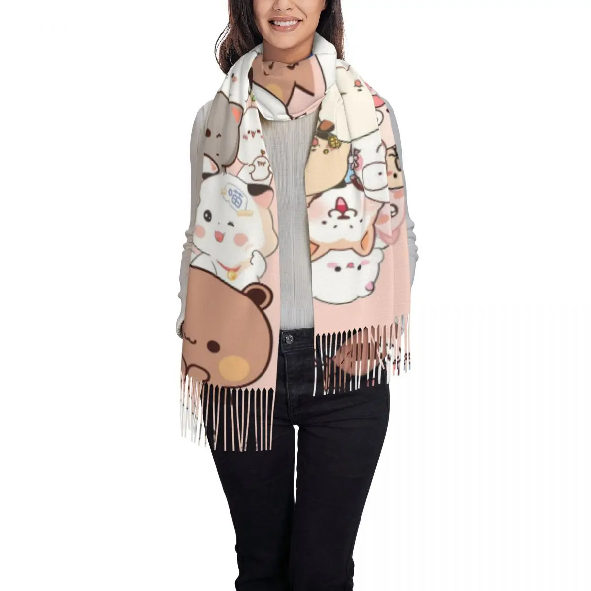 Bubu Dudu Panda Bears dibujos animados cereza corazón bufanda borla bufandas mujeres suaves y cálidos chales y chales grande Otoño Invierno chal
