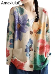 Amax luluE 2024 Autumn Luxury Knitted Cardigans Womens Loose Fashion Warm Floral Sweaters Ladies Printed Casual Elegant Clothing