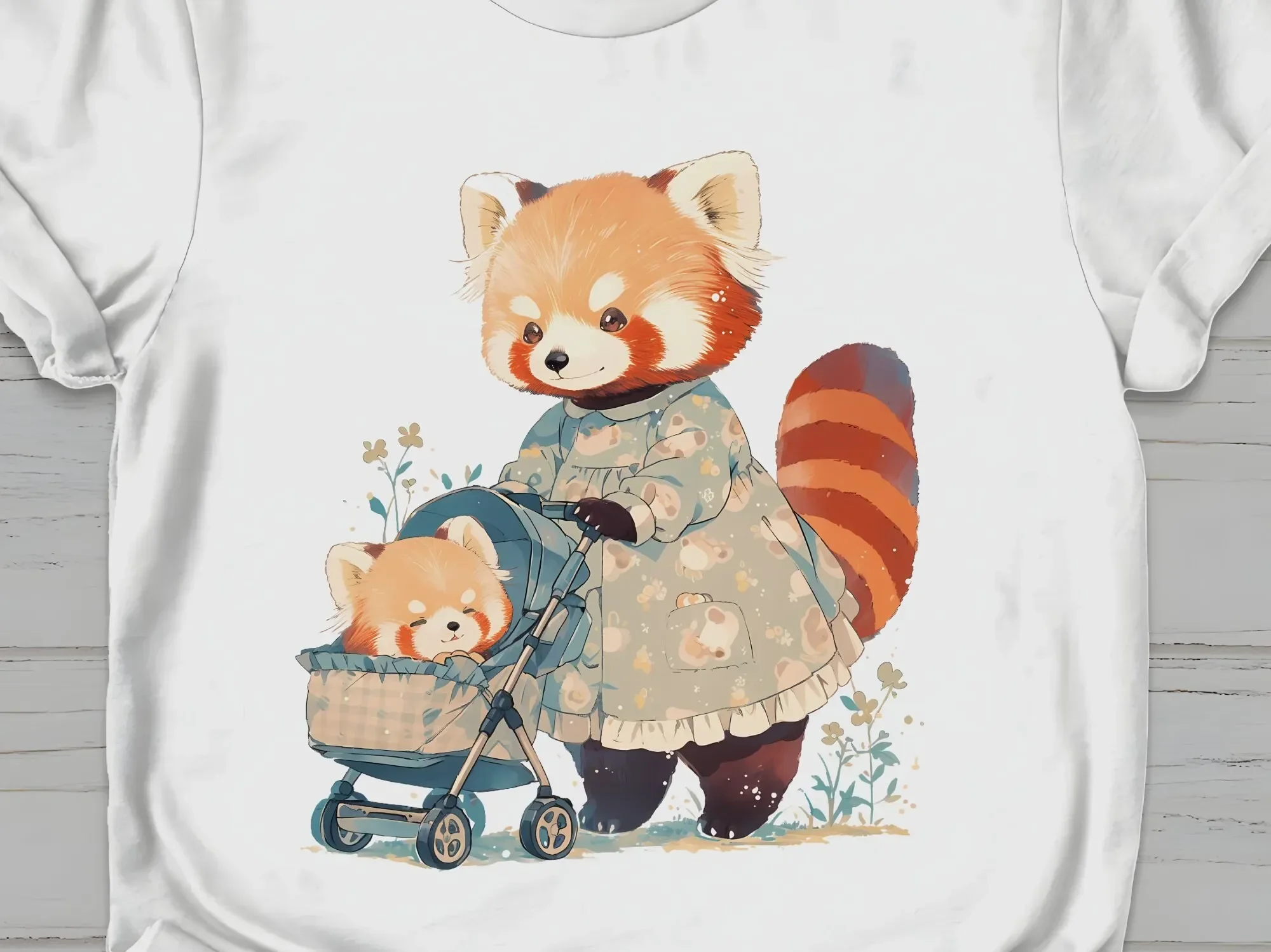 Red Panda Mama with Baby Stroller T Shirt Unique Mother's Day Animal Print Casual Top Perfect for Moms