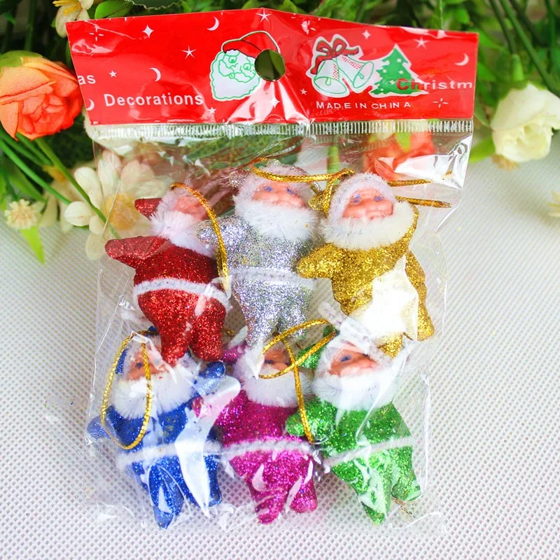 6Pcs/Set Christmas Tree Colorful Santa Pendant Mini Santa Claus Doll Glittering Hanging Ornament New Year Home Party Decorations