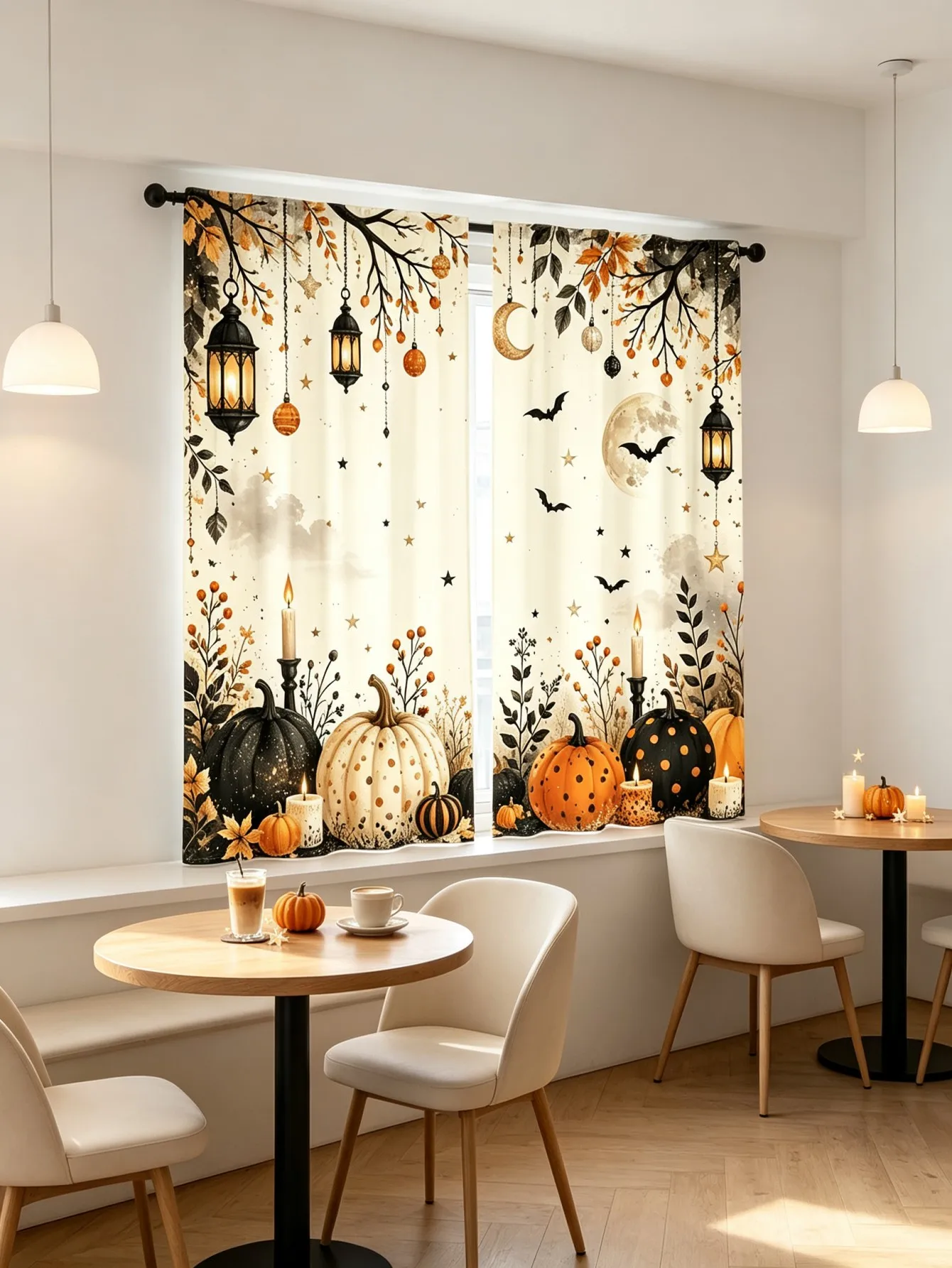 2PCS Digital Print Curtain, Chandelier Polka Dot Pumpkin Halloween, Elegant Spooky Retro for Living Room Bedroom Decor