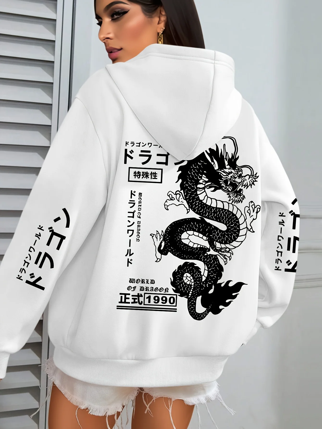 Japanischer Drachen-Grafik-Hoodie für Damen, Streetwear, Rücken- und Ärmel-Print, Kapuzenpullover, lässiger, lockerer, übergroßer Pullover-Hoodie – Detail 11