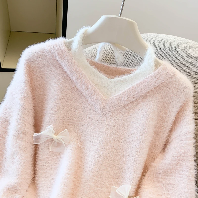 MEXZT Sweet Bow Sweater Women Kawaii Cute Pink Mink Cashmere Knitted Pullovers Korean V Neck Halter Knitwears Winter Jumpers New