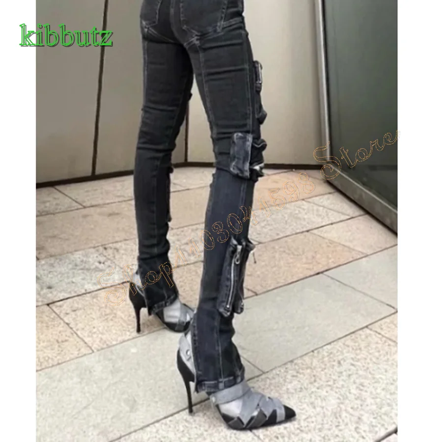 Suede Leather Paneled Heel Boots,Denim Thin Strap Zipper Ankle Boots Stiletto Women Boots Plus Size 2024 New Zapatos Para Mujere