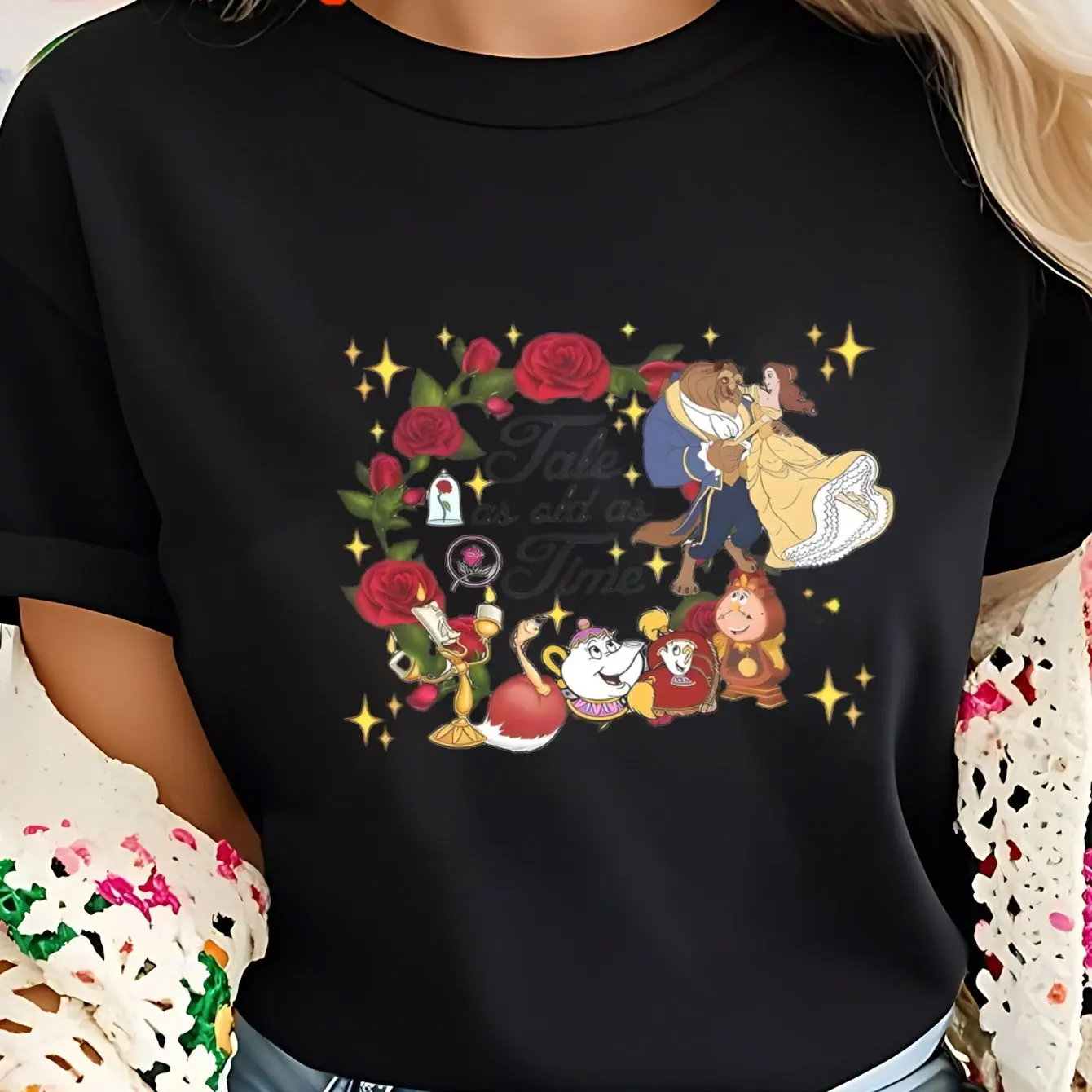 

Disney Beauty and Beast Cartoon Printed T-shirt - Round Neck, Belle and Beast Rose Scene Design, Machine Washable