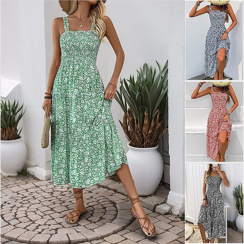 Floral Cami Dress Summer Sleeveless Long Dresses Sweet Fresh Pastoral Style Women Beach Vacation Sundress