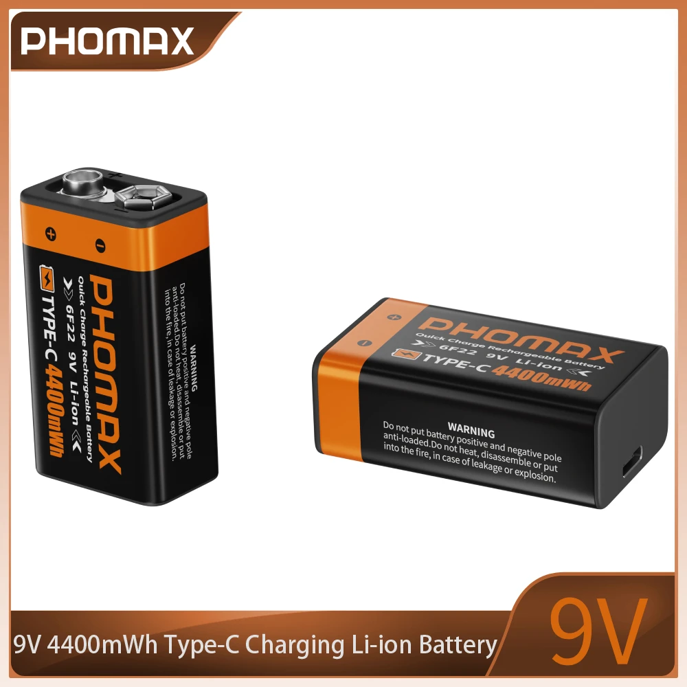 

PHOMAX 6F22 9V Li-ion Rechargeable Battery 4400mWh for RC Helicopter Model Multimeter Microphone USB Type-C Charging