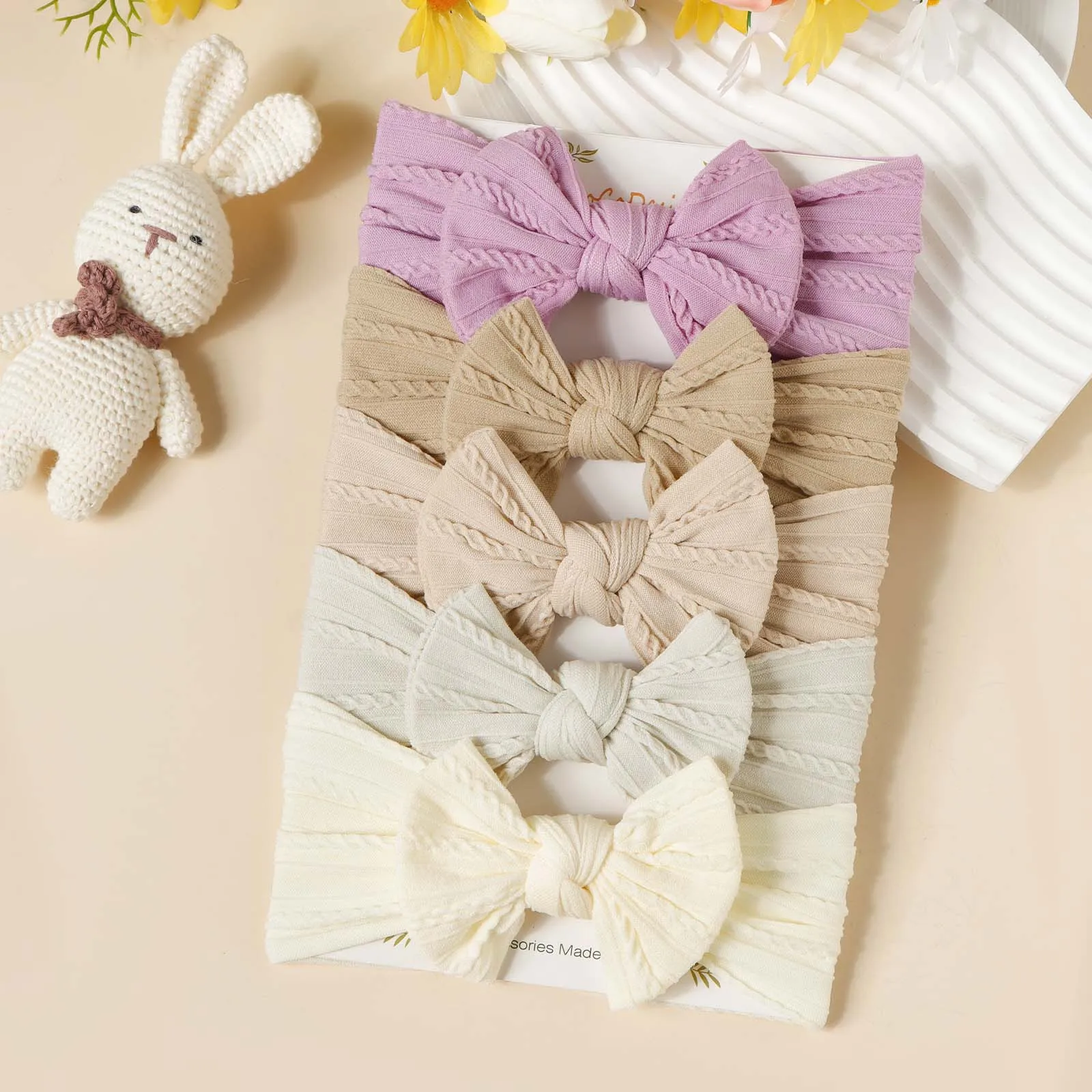 

5Pcs Hot Sell Bow Jacquard Children Hair Accessory Baby Fontanelle Elastic Hairdband Nylon Wide Edge Headband For Newborns