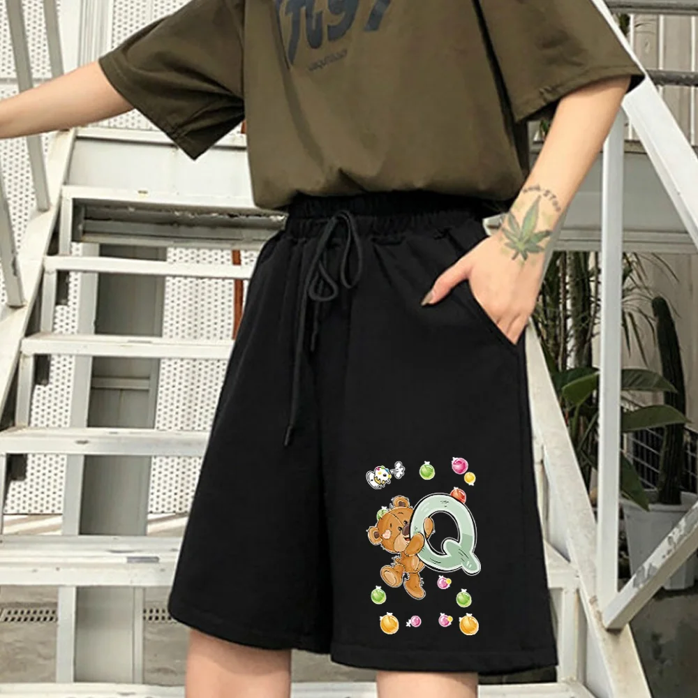 Female Shorts Fashion Sports Casual Pants Sweet Student Cropped Pants Cute Bear Letter Printing Harajuku Women's Clothing