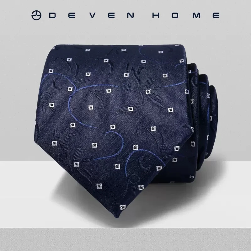 High quality 2024 Devenhome New Fashion 8CM Men's Tie Navy Blue Dark Flower Pattern Round Dot Formal Dress Business Party Tie