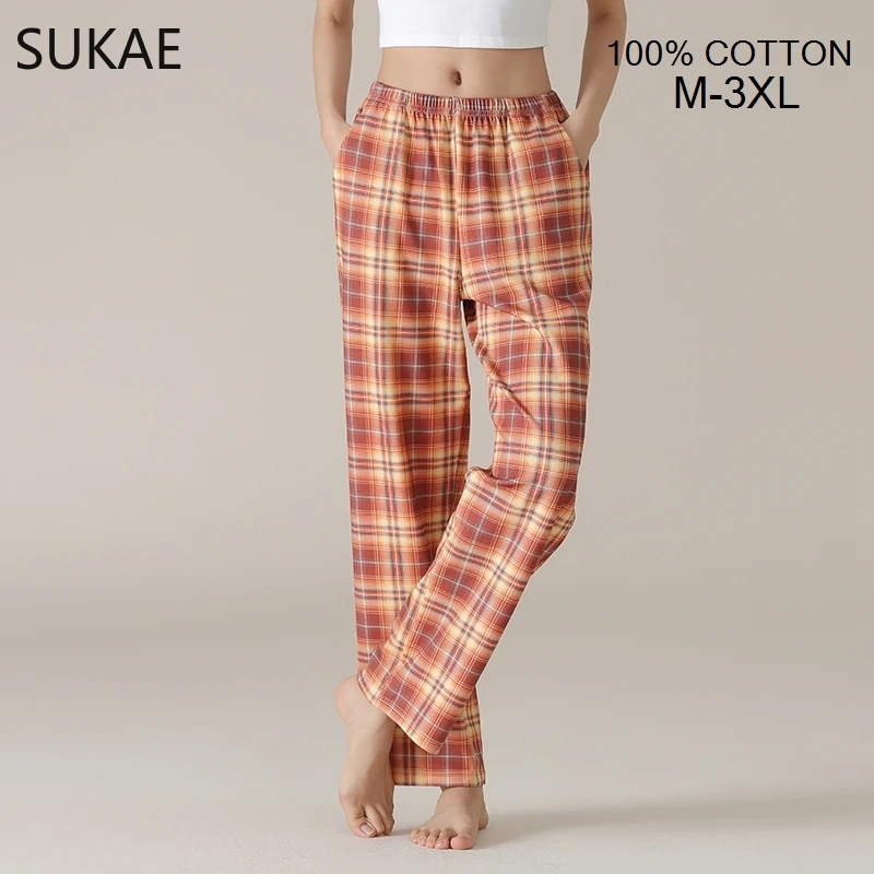 SUKAE 100% Cotton Women Bottoms Autumn Spring Full Pants Plaid Sleepwear Trousers Chic Printing Nightwear M-3XL Woman Homewear