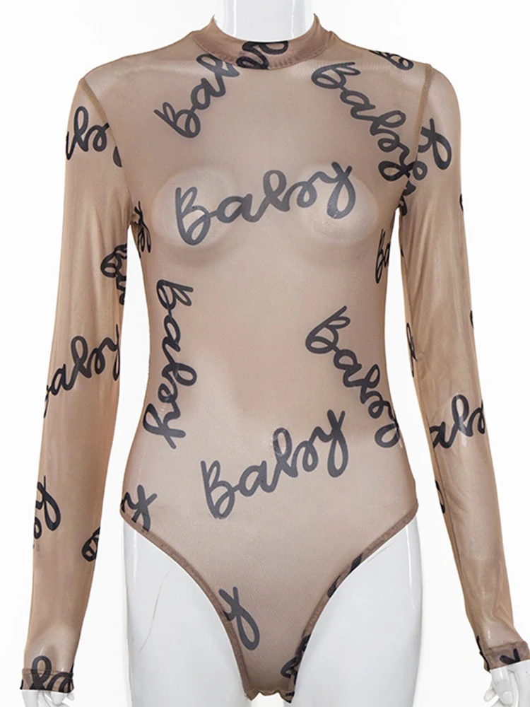 2023 Summer Sexy Letter Print Transparent Mesh Bodysuits Long Sleeve See Through Baby Bodycon Rompers Women Jumpsuits