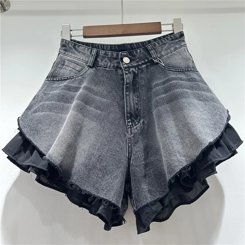 New Fashion Women's Patchwork Hem Wash Denim Shorts  Summer Trendy High Waist A-line Short Pants Female 1LS1393