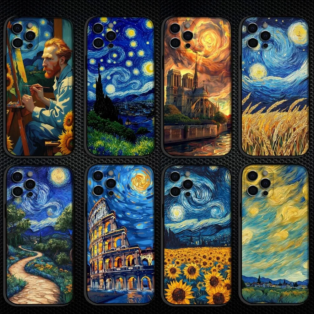 

Van Gogh Oil Art Painting Phone Case For iPhone 16,15,14,13,12,11 Plus,Pro Max, Soft Silicone Black Cover