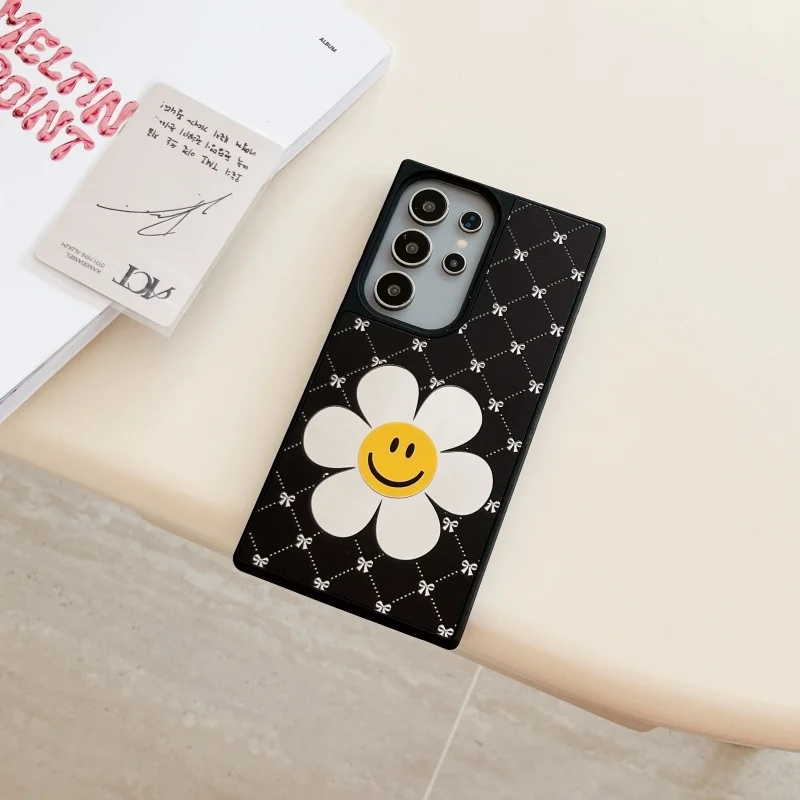 Fashion Sunflower Smile Face Glass Phone Case For Samsung S25+ S24Plus S23Ultra S24Ultra Full Cover Skinny Shell Body Protection