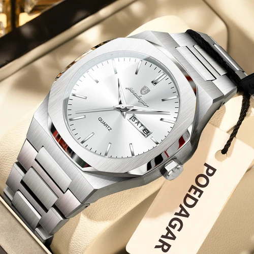 Imagen 1 del producto Reloj de pulsera POEDAGAR de marca a la moda para hombre, Reloj luminoso resistente al agua de acero inoxidable para hombre, Reloj informal de cuarzo con fecha y semana para hombre