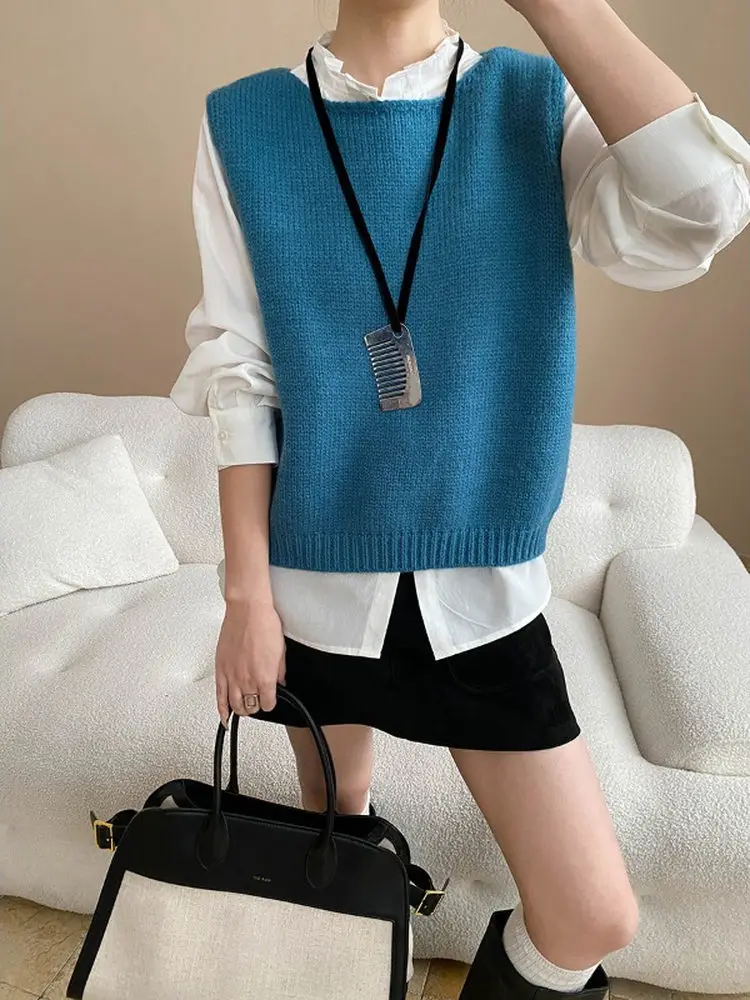 

Синий шерстяной вязаный жилет без рукавов, женский многослойный круглый Ne, универсальный, простой дизайн, осенняя новинка, Sle 2025