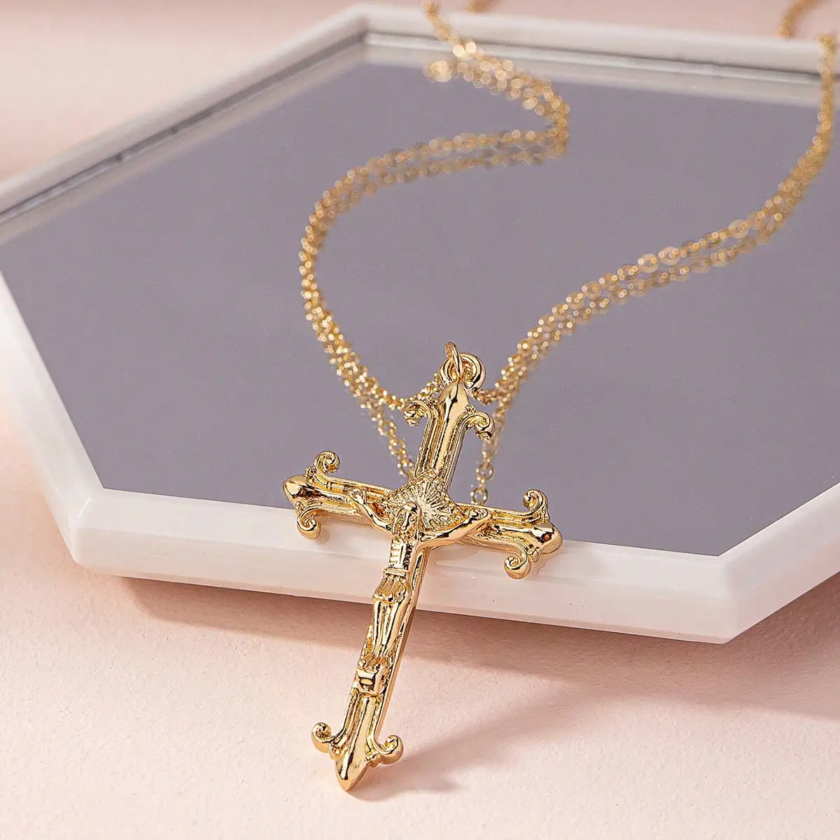 

Gold-Tone Ornate Cross Pendant Necklace with Delicate Chain