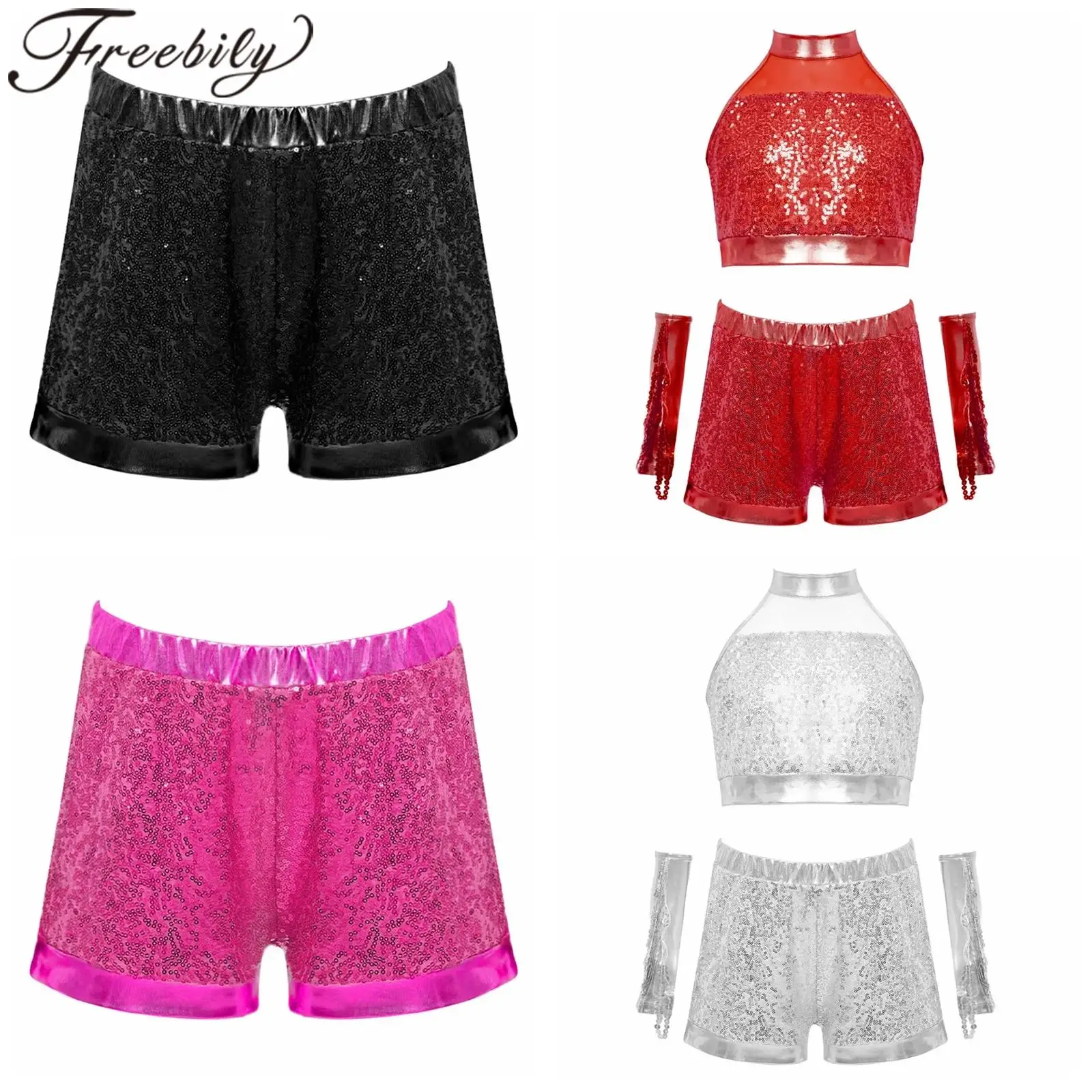 

Modern Dancewear Kids Girls Hip Hop Disco Outfits Sequin Music Festival Performance Party Jazz Ballet Dance Costumes + Gloves