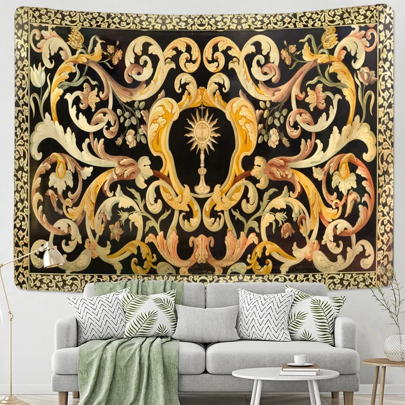 VIKAMA Europäischer Vintage-Luxus-Wandteppich mit Exquisitem Blumenmuster, Kunstvoller Wandbehang für Wohnzimmer & Schlafzimmer