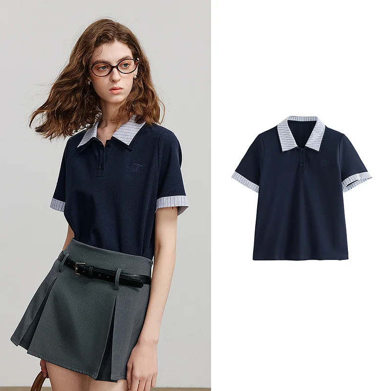 

Женская футболка с коротким рукавом, 2025 г., цветная блокировка, двухслойный воротник, поло, новые повседневные топы 8521093