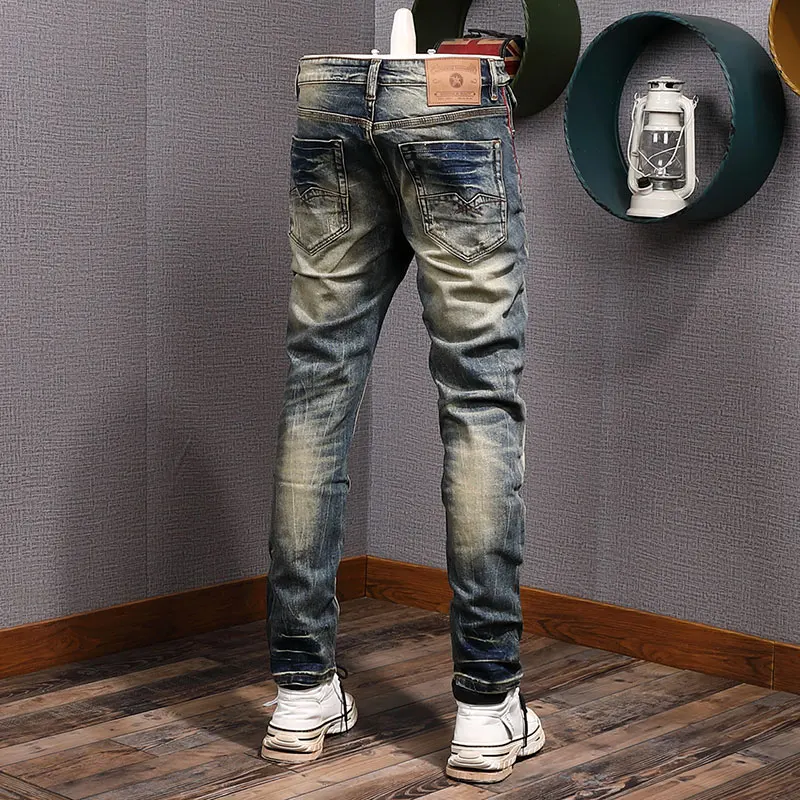 Italian Style Fashion Men Jeans Retro Washed Blue Stretch Slim Fit Ripped Jeans Men High Quality Vintage Designer Denim Pants