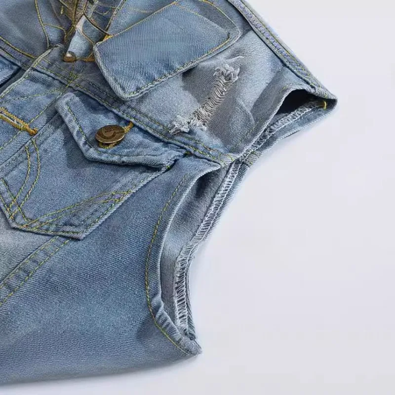 النسخة الكورية الجديدة سترة الدنيم الرجالية العصرية ذات المقاس النحيف سترة الدنيم ذات اللون الفاتح سترة ممزقة غير رسمية