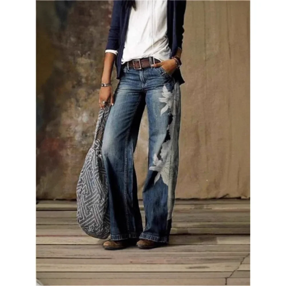 Women Faux Denim Wide Leg Pants High Waisted Functional Pockets Loose Fit Soft Breathable Flattering Daily Casual Comfy New