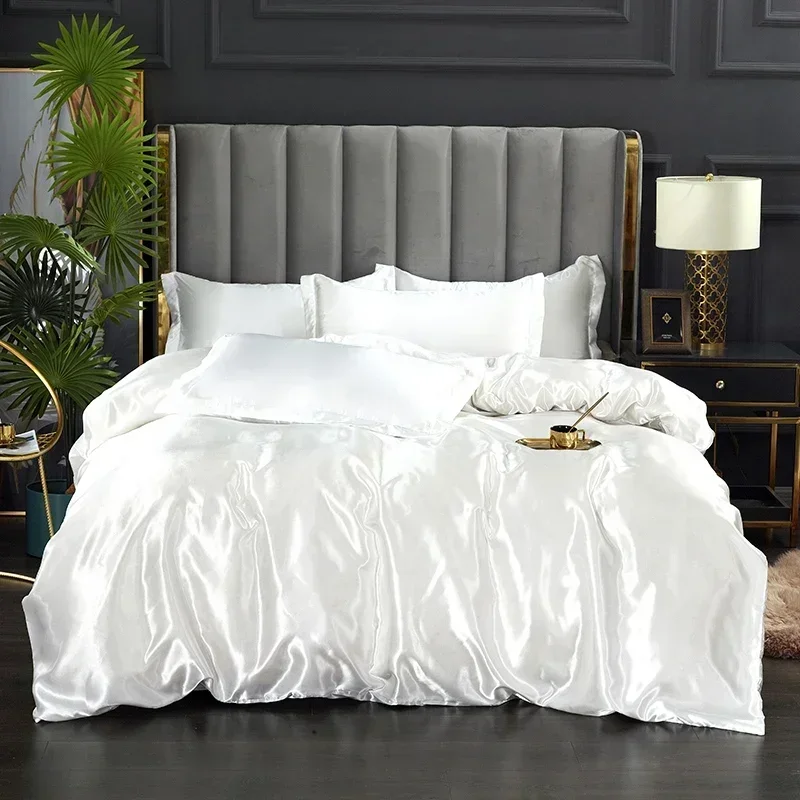 

Silk Bedding Set with Duvet Cover Bed Sheet Pillowcase Luxury Satin Bedsheet Solid Color Double Single King Queen Full Twin Size