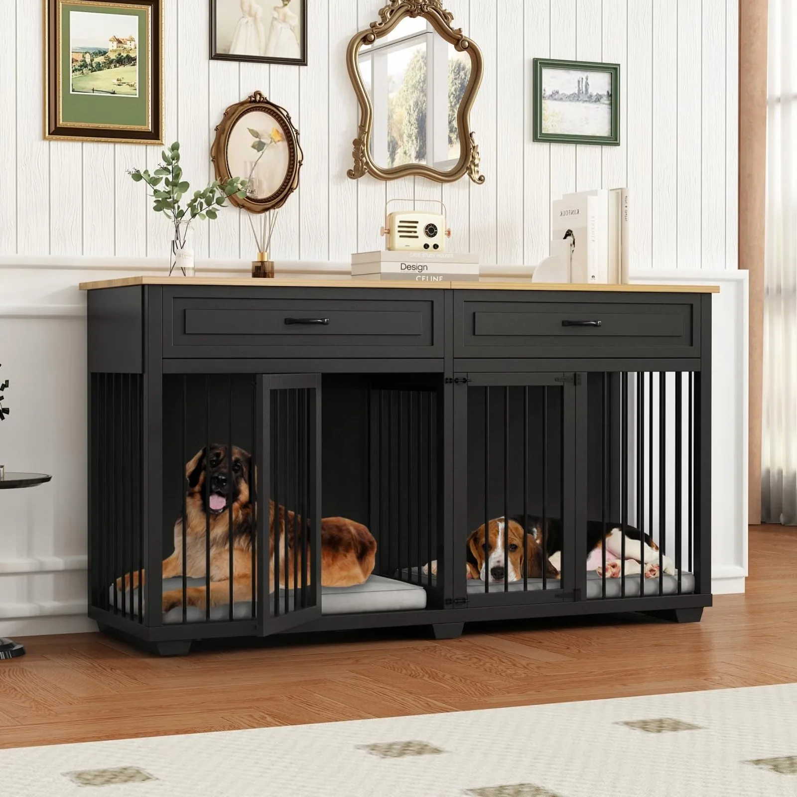 

US Large Dog Crate Furniture, 72" Wooden Large Dog Kennel with Drawers & Divider, Heavy Duty Indoor Dog Cage with Double