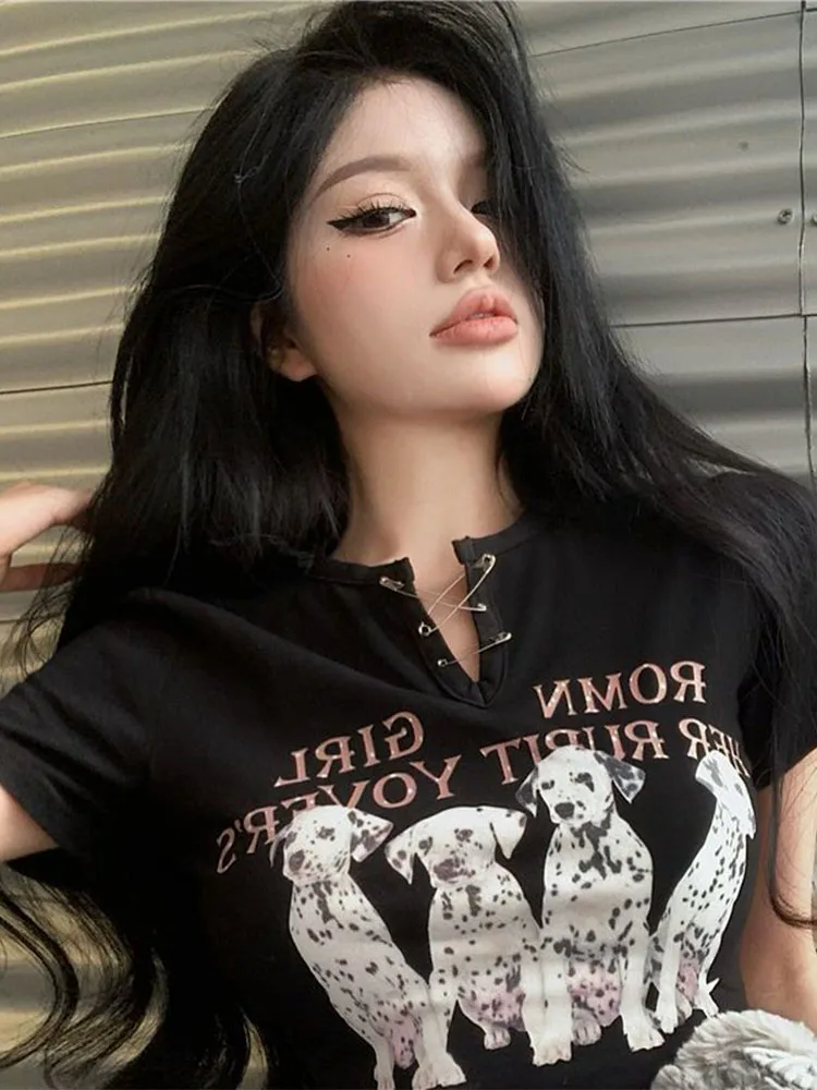 Cseta de Verano de Manga Corta para Mujer, Estampado de Dibujos Animados, Cuello en V, Corte Ajustado, Corta, Moderna y Ca...