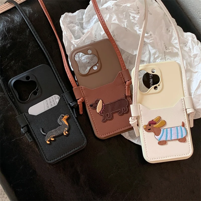 

Корейский чехол для телефона с отделением для карт через плечо для iPhone 16 Pro 12 13 14 Pro 15 Max, Кожаные чехлы с милым щенком для Apple 15 Pro