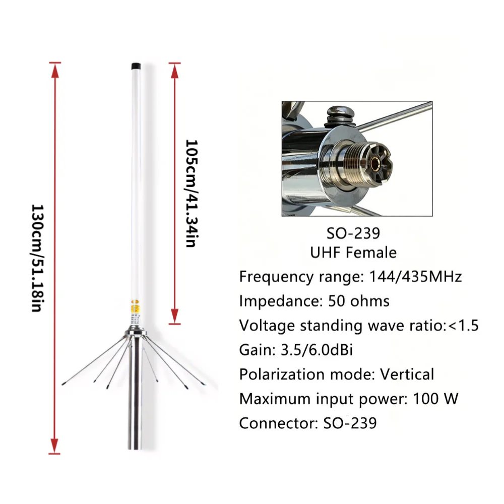 Antena radiowa dwupasmowa VHF/UHF 144/435 MHz, z włókna szklanego, do użytku domowego i zewnętrznego, dwuczęstotliwościowa, z pętlą uziemiającą, złącze SO-239 żeńskie. — zdjęcie produktu 3