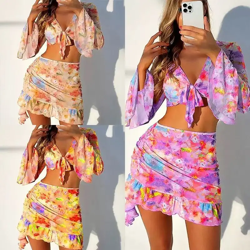 2025 New 4 Piece Bikini Set Women  Floral Print Long Sleeve Mesh Cover Up Ruffle Skirt Swimsuit  Sexy Bathing Suit Swimwear