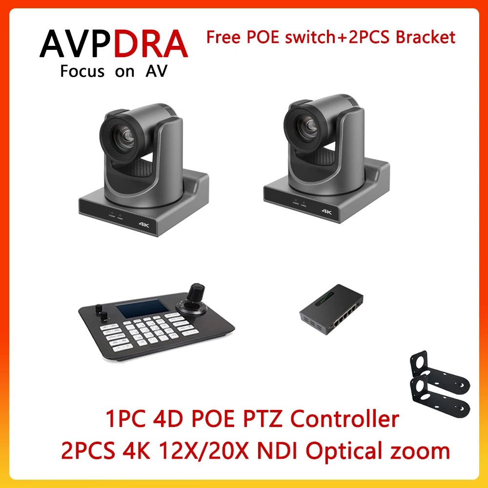 

2pcs 4k60fps NDI POE PTZ Camera 12X 20X Zoom Live Streaming Camera and PTZ Camera Controller for Video Conference