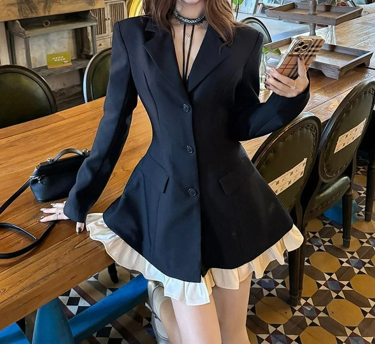 

High-end Temperament Black Suit Dress Women's Spring Sweet Waist Slim Splicing Long-sleeved Short Skirt