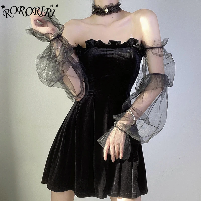 RORORIRI Sheer Mesh Patchwork Mini Black Velvet Dress Women Off Shoulder Slim Lantern Sleeves One-piece Gothic Vintage Clothing