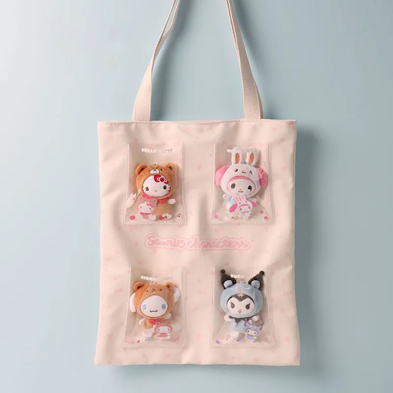 

Мультяшная сумка Sanrio Hello Kittys Kuromi Cinnamoroll, милая Минималистичная Холщовая Сумка через плечо с рисунком из искусственной кожи в стиле аниме, подарок для девушки