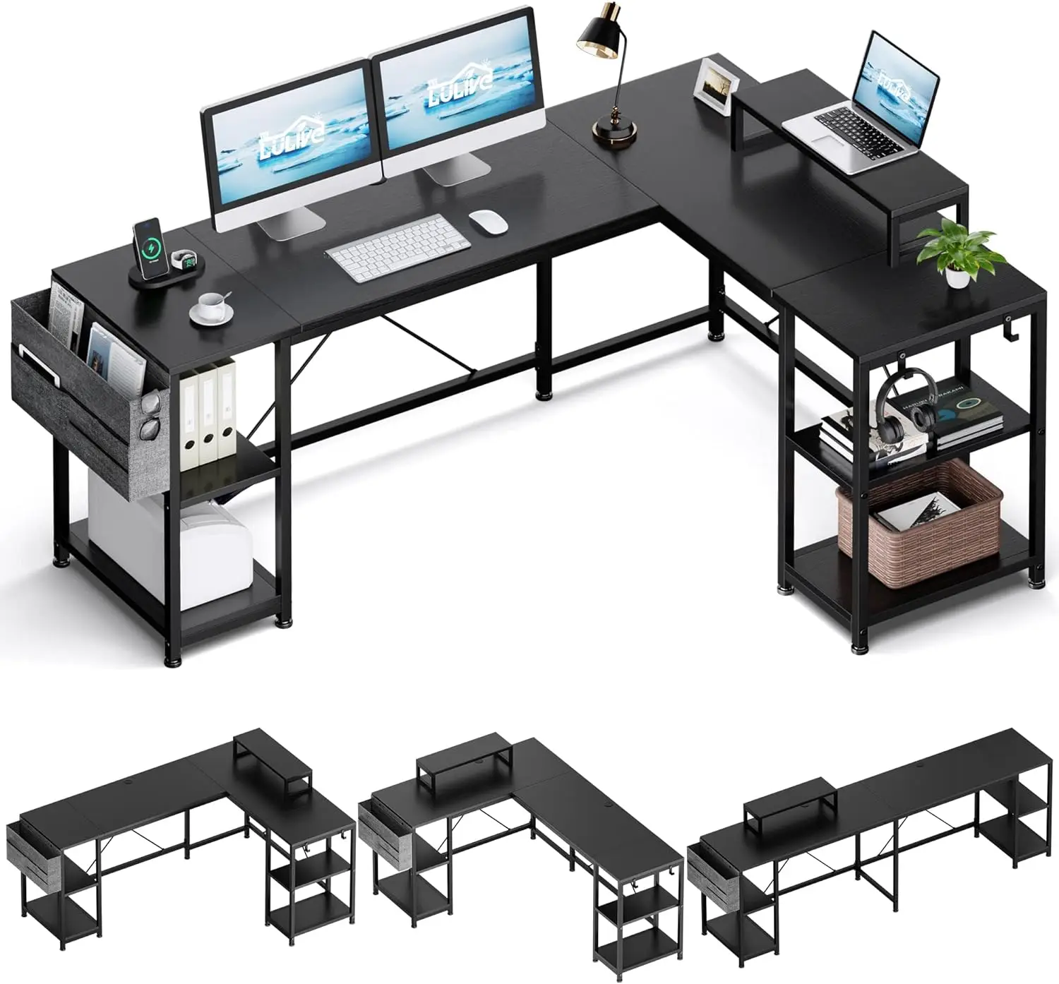 L-shaped table, 95 "flippable corner computer desk, with shelves, monitor bracket, storage bag, hooks