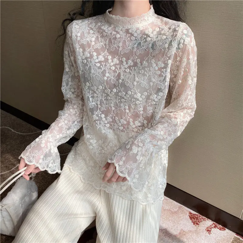 Blouses Women Lace Design Korean Style Simple Sweet Solid All-match Leisure Basic Elegant Fashion Ladies Comfortable Retro New