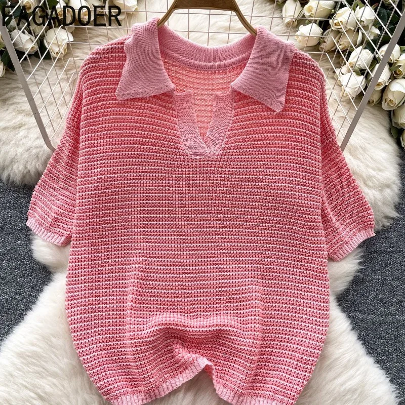 FAGADOER Y2k Sweet Fashion Knit 2 Piece Sets Woman Outfit Hollow Out Short Sleeve Crop Top and Shorts Outfit Female Streetwear