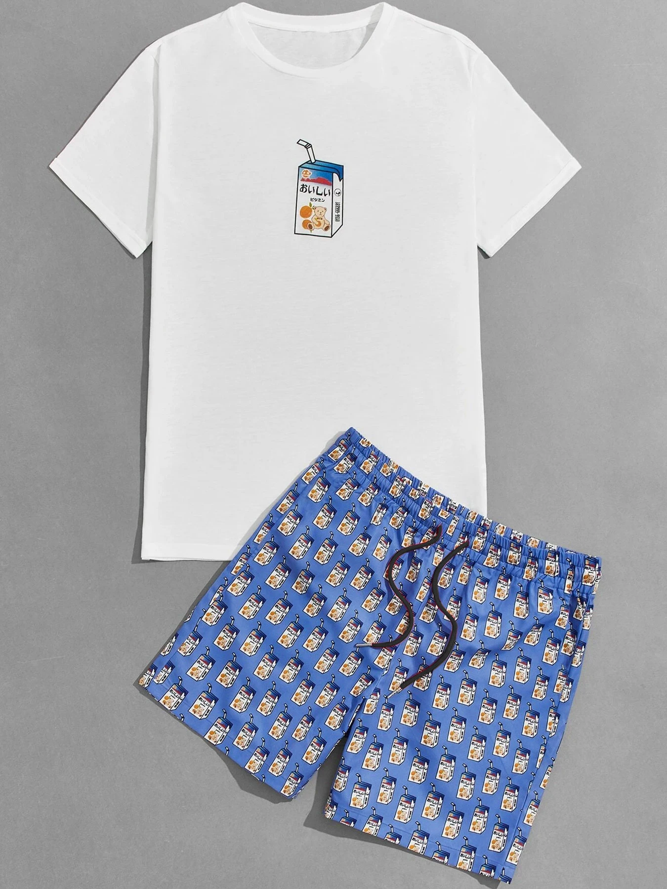 

Men's Summer Sports Casual 2 Piece Set Fresh Milk Pattern Breathable T-Shirt Drawstring Pocket Shorts for Street Commute Lounge