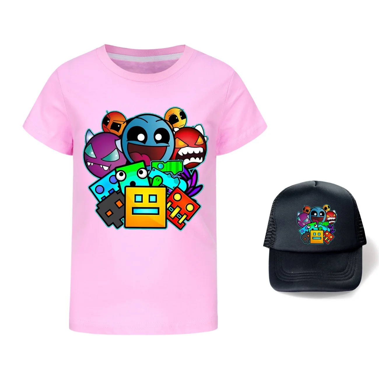 Game Geometry Dash T Shirt Summer Kids Cartoon Casual Clothes Junior Boys Short Sleeve Tops Baby Girls Fashion T-shirt&Sunhat